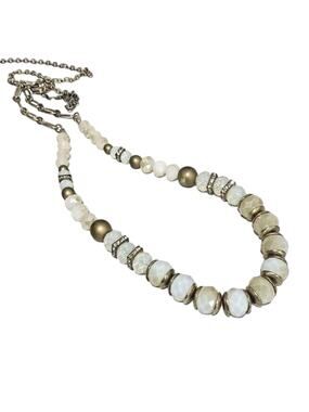Artisan look beaded necklace milky white opalescent faceted beads & gold spacers